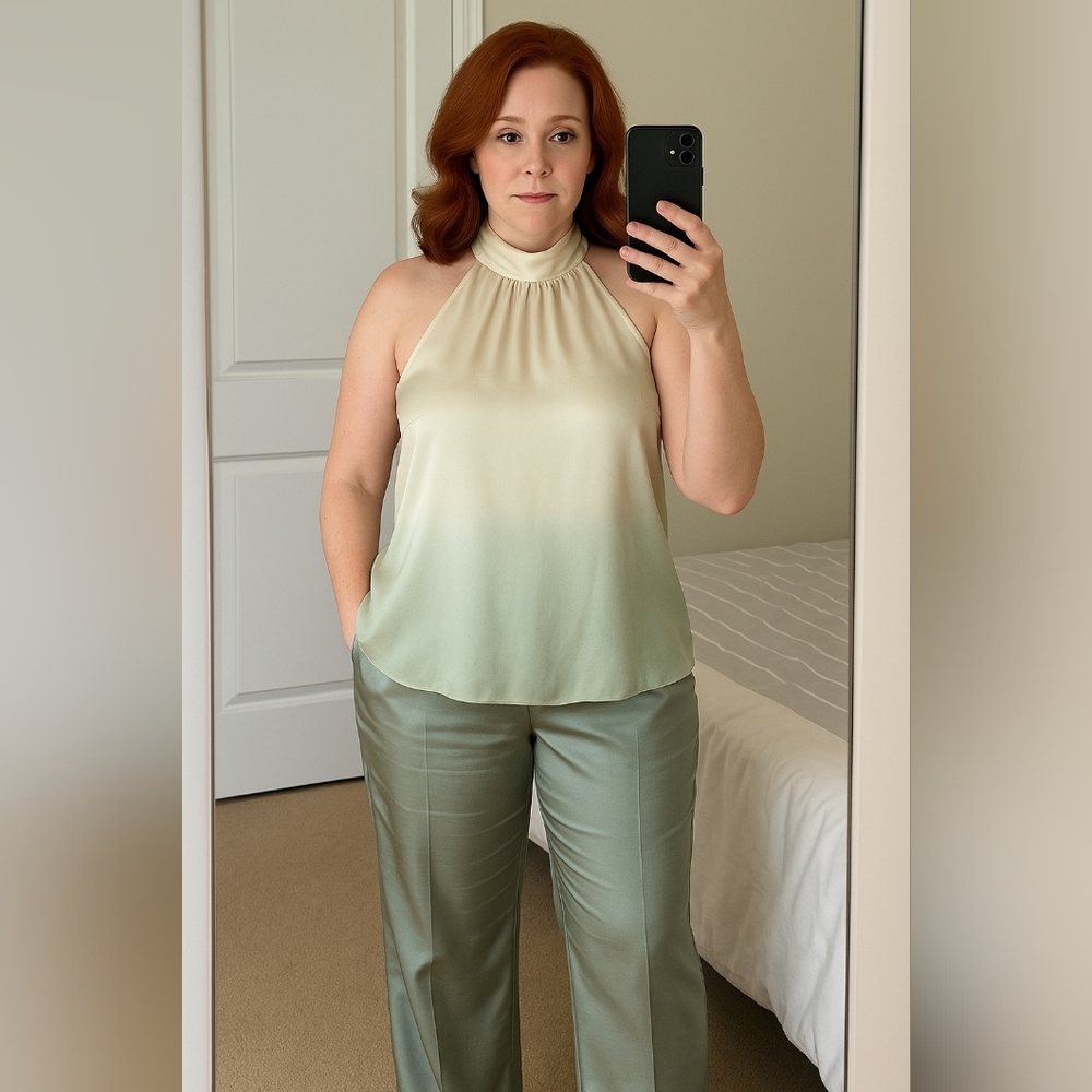 Vintage Talbots Pure Silk Set | Halter Top & Pants | Sage Green | Size 14 NWOT